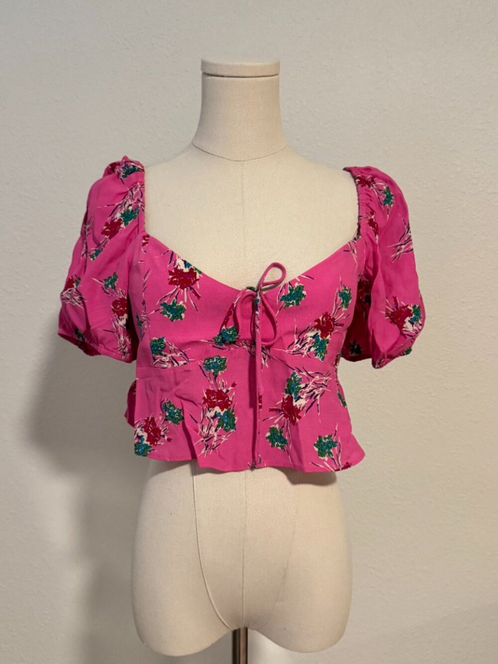 Zara Pink Floral Puff Sleeve Peplum Crop Top Boho S